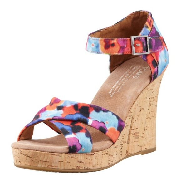 [Toms] Colorful Printed Hemp Strappy Floral Cork Wedge Sandals - Women’s Size 9 - Picture 1 of 11